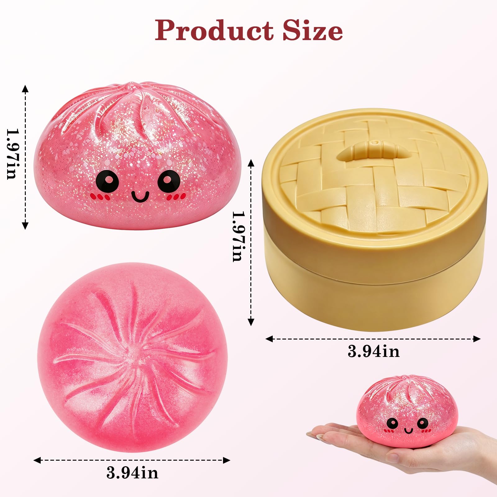 Glitter Dumplings Squishy Toy, Crazy Fun Dumpling Squishy Glitter with Box, Stretchable Squishies Dumpling Squeeze Stress Balls Fidget Sensory Squishy for Holiday (Pink)