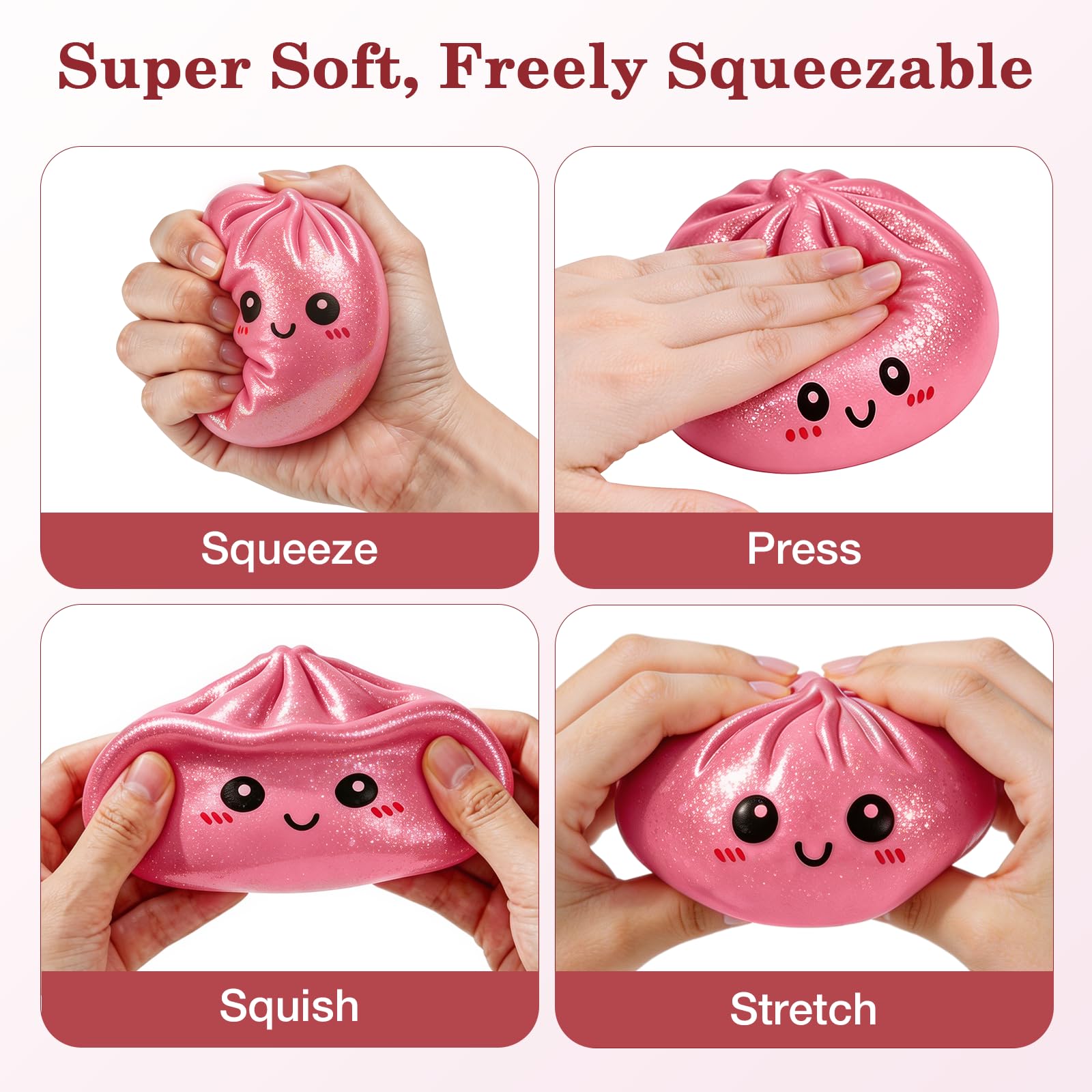 Glitter Dumplings Squishy Toy, Crazy Fun Dumpling Squishy Glitter with Box, Stretchable Squishies Dumpling Squeeze Stress Balls Fidget Sensory Squishy for Holiday (Pink)