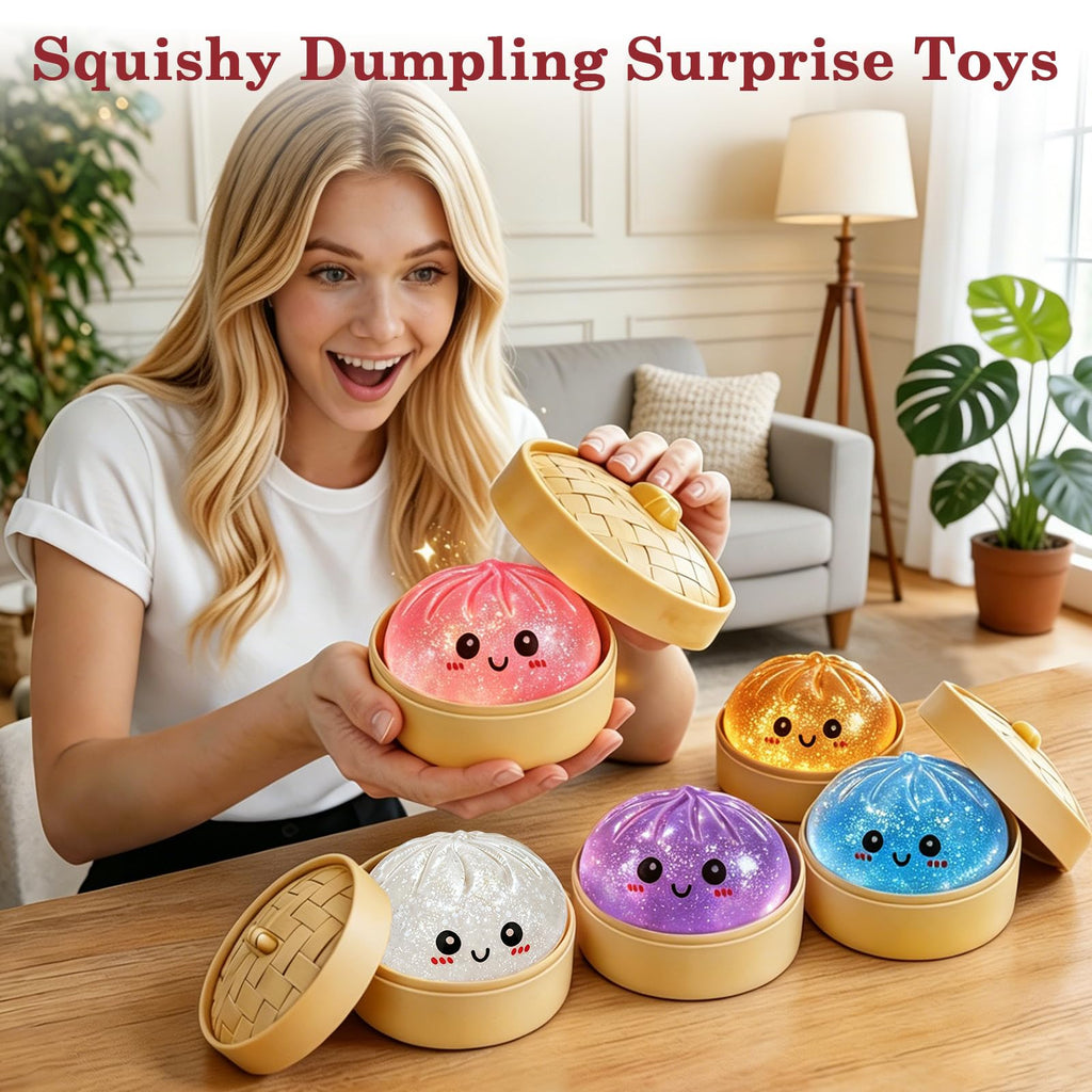 Glitter Dumplings Squishy Toy, Crazy Fun Dumpling Squishy Glitter with Box, Stretchable Squishies Dumpling Squeeze Stress Balls Fidget Sensory Squishy for Holiday (Pink)